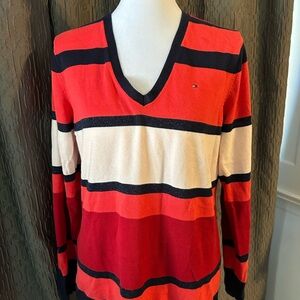 Tommy Hilfiger Red and Navy Striped V-Neck Sweater